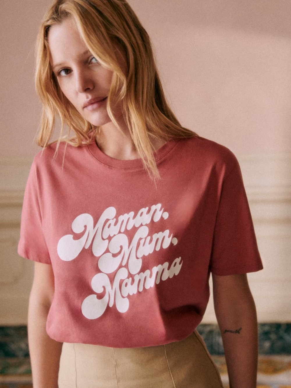 Sezane Dusty Rose 'Maman' Graphic Short Sleeve Tee